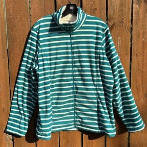 L.L. Bean Teal/White Striped Fleece Jacket w/Sherpa Neck | Women's XL Reg